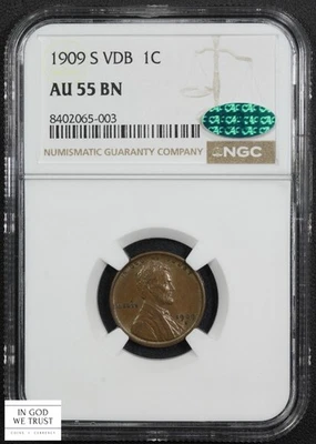 1909 S VDB Lincoln Wheat Copper Cent 1C NGC AU 55 BN CAC - Image 1 of 4