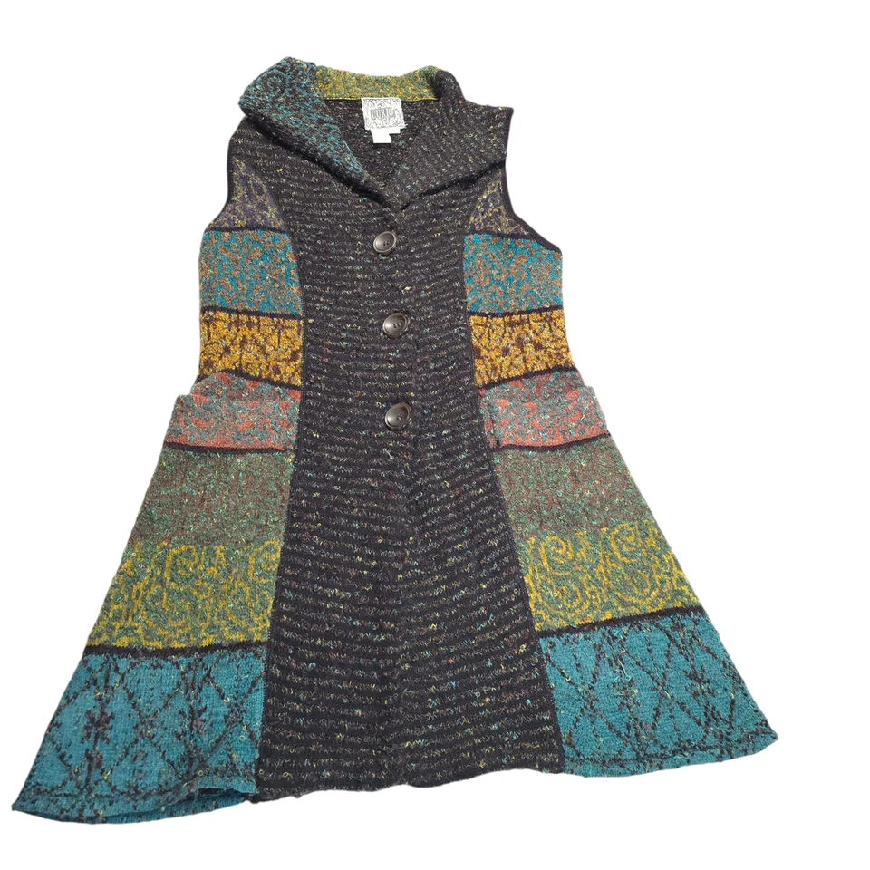 Curio Long Line Cardigan Vest Pockets Mixed Media Women Size L Color Block Boho - Image 1 of 4