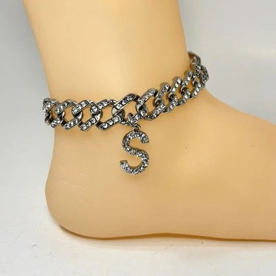 Silver Tone Anklet Chunky Curb Link Rhinestone Initial S Boot Jewelry Adjustable - Image 1 of 4