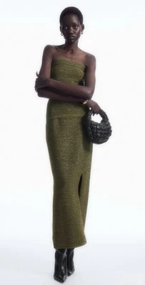 Cos Olive Gold Lurex Sparkly Textured Pencil Skirt With Side Slit Size S - Image 1 of 4