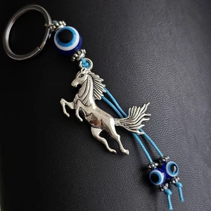 🐎 Silver Horse Keychain with Evil Eye Beads 🧿 – Lucky Charm & Zodiac Symbol - Picture 1 of 4