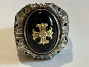 Vintage Sterling Silver and 18K Gold Diamond and Onyx Ornate Design Ring Size 10 - Picture 1 of 9