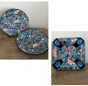 Set Vintage Francese Emaux de Longwy Smalto Floreale Faience Piatto E Piedi Ciotola - Foto 1 di 14