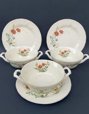 Juego de 3 tazones de sopa y plato/platillo de pan Mikasa Ivory Margaux crema en relieve floral Foto 1 de 4
