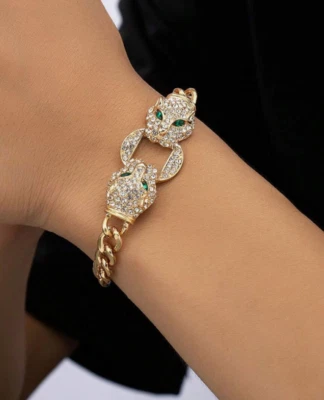 Leopard Bracelet Gold Cuban Chain Cubic Zirconia Bangle Statement Cuff New 8" - Image 1 of 4