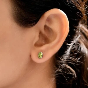 Naturale Peridoto Pietra Ovale 925 Argento Sterling Donna Design Bottone - Foto 1 di 4
