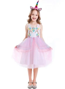 UK Girls Unicorn Fancy Dress Party Costume w/ Rainbow Headband Kids Fancy Outfit - Picture 1 of 8