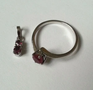 Ancienne PARURE ARGENT 925 BAGUE + PENDENTIF avec PIERRE ROUGE ROSE poinçons T52 - Imagen 1 de 12