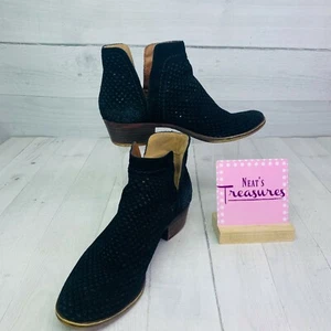 Lucky Brand Black Suede Leather Perforated Slip On Low Heel Bootie Boot Sz 6.5 M - Picture 1 of 10