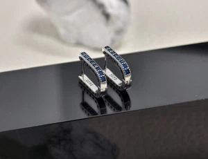 Silber Ohrringe, Damen Creolen Rechteckig Zirkonia Blau Echt Schmuck Accessoires - Bild 1 von 4