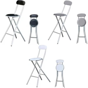 2 x FOLDING BREAKFAST BAR STOOLS CHAIRS BACK REST PADDED PVC BLACK WHITE GREY - Picture 1 of 10