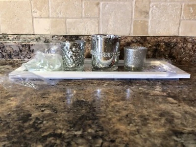 3 soportes de luz de té votivos plateados de vidrio mercurio•Bandeja espejada de madera blanca•NUEVO�� Foto 1 de 4