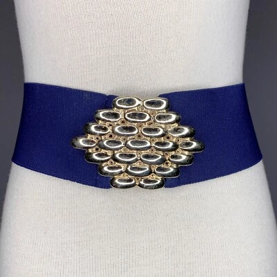 Cinturón elástico grueso azul ancho metal tono dorado 30-40" vintage años 70 80 Foto 1 de 4