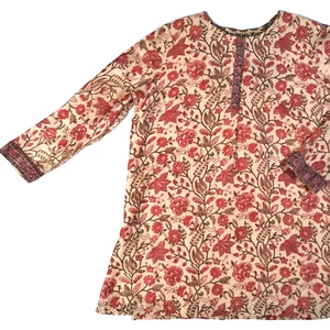 Fabindia Floral Hand Block Print Cotton Silk Boho Kurta Shirt Tunic Top Size XL - Picture 1 of 12