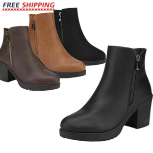 Women Chelsea Boots Chunky Block Heel Side Zipper Fashion Ankle Boots - Picture 1 of 21