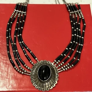 Collana Girocollo Onice Multi Filo Argento Liquido Nativi Americani 16" - Foto 1 di 7