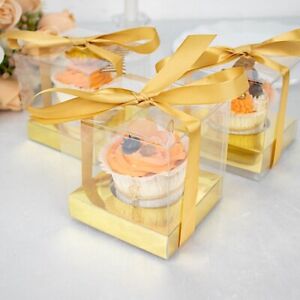 CLEAR GOLD 12 Square 3.5" Mini Cupcake BOXES Favor Holders Ribbons Party Events