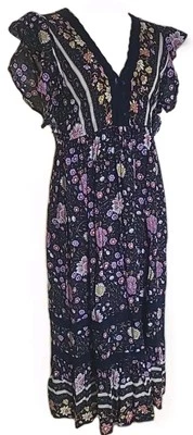 Vestido Gigio Floral con Volantes en Niveles Azul Marino Maxi Midi L Boho Festival Cottagecore Foto 1 de 4