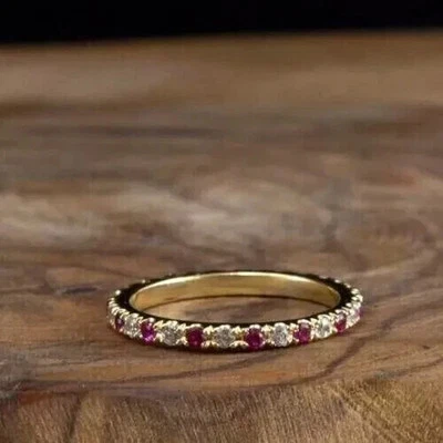 Banda Eternidad Chapada en Oro Amarillo 14k 1Ct Rubí Redondo Diamante Creado en Laboratorio Boda Foto 1 de 4