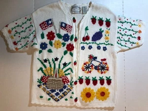 VTG Eagles Eye Cardigan Sweater Womens L White Floral Cotton Knit Short Sleeve - Picture 1 of 6