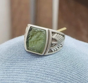 Raw Moldavite Mens Ring, 925 Silver Signet Ring, Sparrow Wings Statement Ring - Picture 1 of 4