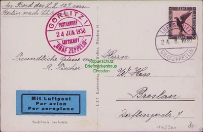 163901 AK Zeppelinpost Luftschiff Graf Zeppelin 24.6.1930 Postabwurf Görlitz Bor - Bild 1 von 2