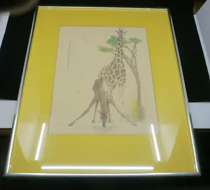 SIGNED WILLIAM TARA GIRAFFES AT WATER PRINT, ART DECO STYLE, FRAMED, MATTED - Picture 1 of 6