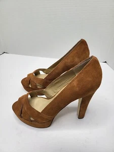 Steve Madden Peep-Toe Platform Pumps Heels 9.5 Tan Suede Congnac Side Shoes - Picture 1 of 11