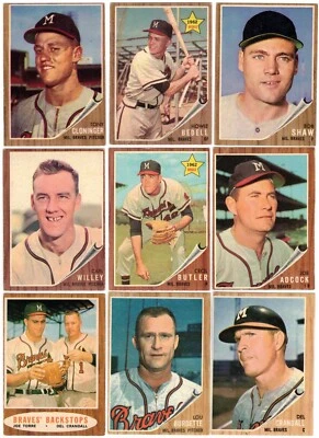 Lote de 9 tarjetas de 1962 Topps Milwaukee Braves, tarjetas de béisbol Foto 1 de 2