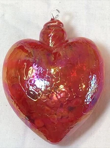 Vtg Art Glass Murano Style Hand Blown Red Iridescent Glass Heart Bubbles Effect - Picture 1 of 12