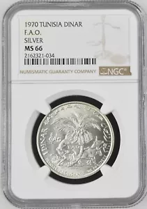 1970 Tunisia Dinar FAO UNC Silver KM-E34 - NGC MS 66 - Picture 1 of 2