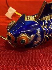 5” Vintage Cloisonne Metal Enameled Colbalt Blue Moveable Koi Fish Ornament (B8)