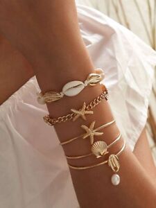 Gold Bangle Bracelet Set Shell Starfish Beach Theme Vacation BOHO Jewelry