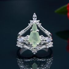 Green Prehnite with CZ 925 Sterling Silver Kite Natural Gemstone Crown Ring