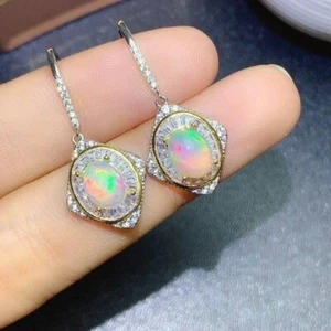 2.60 Ct Oval Simulated Fire Opal & Diamond Dangle Earrings 14K White Gold Plated - Picture 1 of 4