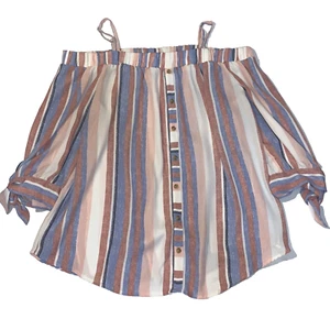 IZ Byer Red/Blue/White Striped Off the Shoulder Spaghetti Strap Shirt #1028 - Picture 1 of 12
