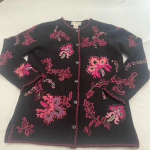 Susan Bristol Hand Embroidered Black Wool Button Up Cardigan Sweater Size Medium - Picture 1 of 10