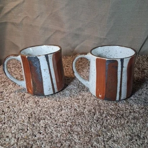 Vintage Speckled Stoneware Coffee Mugs Brown Orange Stripe Lot Of 2 MCM  - Picture 1 of 11