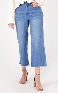 Susan Graver Womens Dark Wash Wide Leg Raw Hem Cropped Jeans 16P - Picture 1 of 11