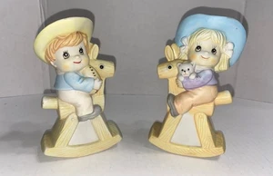 Set of 2 Vintage Figurines Boy with Football and Girl with Kitten Rocking Horses - Picture 1 of 6