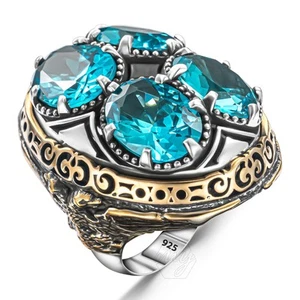 925 Sterling Silver 4 Aquamarine Stone Huge Double Headed Eagle Men's Ring - Picture 1 of 5