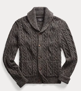 RRL Ralph Lauren Marled Aran Knit Shawl Cardigan, XL, New w/ tag, Black & Brown - Picture 1 of 10