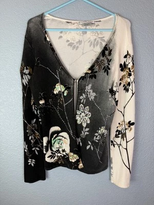 Suéter Alberto Makali Mujer Grande Floral Lentejuelas Cuentas Top Gancho Frontal Elegante Foto 1 de 4