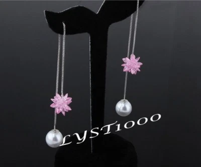 2 in1 Sterling Silver Cluster Ice Frosty Flower Pearl Drop Threader Earrings - Image 1 of 4