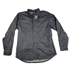Harley Davidson Button Up Shirt Men XL Chambray Black Waxed Coated Cotton - Picture 1 of 9