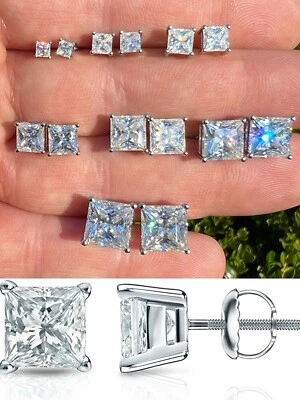 Real MOISSANITE Square Princess Stud Earrings Unisex 925 Silver Passes Tester - Image 1 of 4