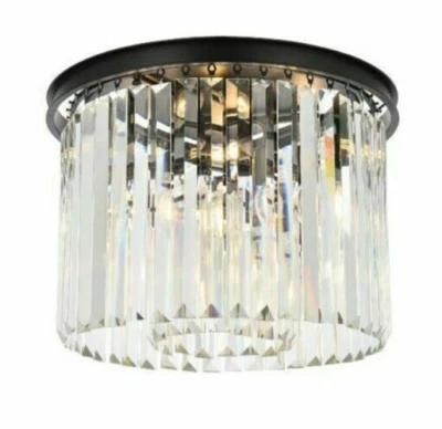 Flush Mount 6 Light Fixture Matte Black Ceiling Clear Crystal Chandelier 20" - Image 1 of 4