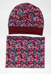Gorro gorro ♥ bufanda de lazo ♥ juego de 2 piezas ♥ flores ♥ berenjena ♥ hamdmade - Imagen 1 de 1