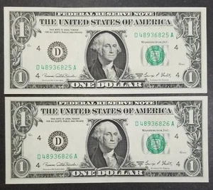 TWO 1969 D $1 CONSECUTIVE UNCIRCULATED CLEVELAND FRB NOTES - Picture 1 of 2