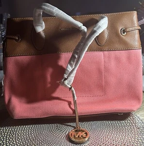 Bolso de Mano Michael Kors Marina E/W con Cordón en Lona Coral/Cuero Marrón Nuevo con Etiqueta - Imagen 1 de 9